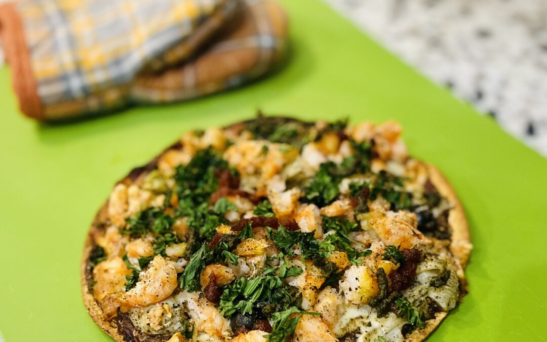 Shrimp, Artichoke, Olive & Sun Dried Tomato Pesto Flatbread Pizza